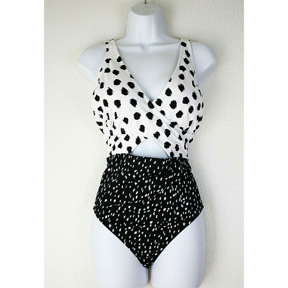 NWT BEACH BETTY 1 PC Swimsuit Sz L Keyhole Black White Abstract Dots Strokes #03